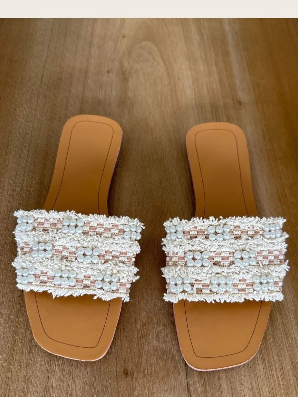 White Pink Chenille Ribbon Beaded Tweed Tan Soles Sandals Slides - Picture 1 of 1